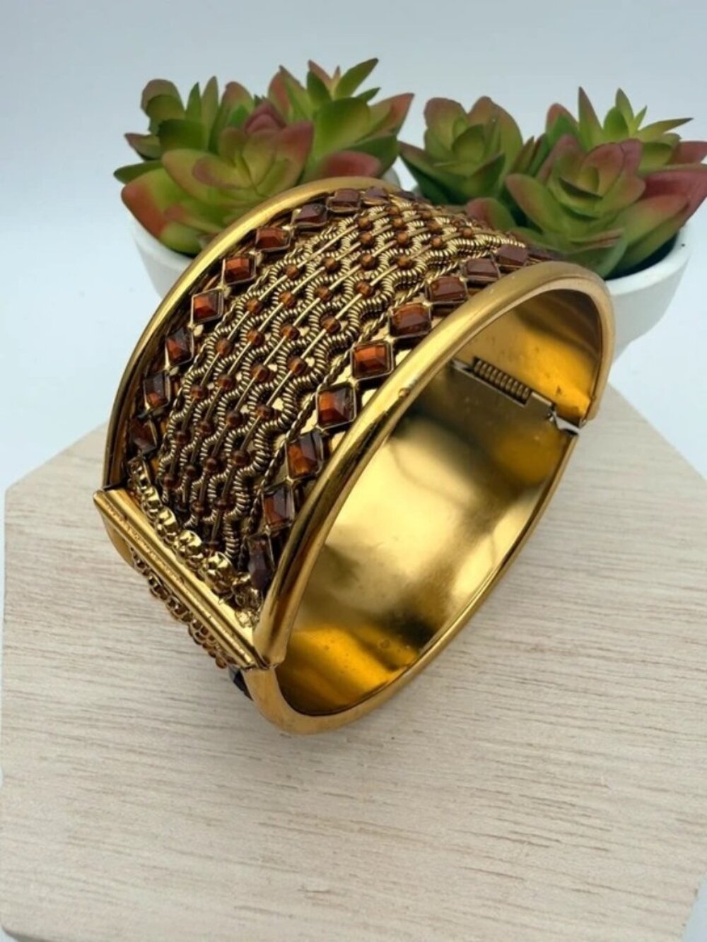 Gold Tone Amber Rhinestone Wide Hinged Cuff Bracelet Boho Statement Jewelry